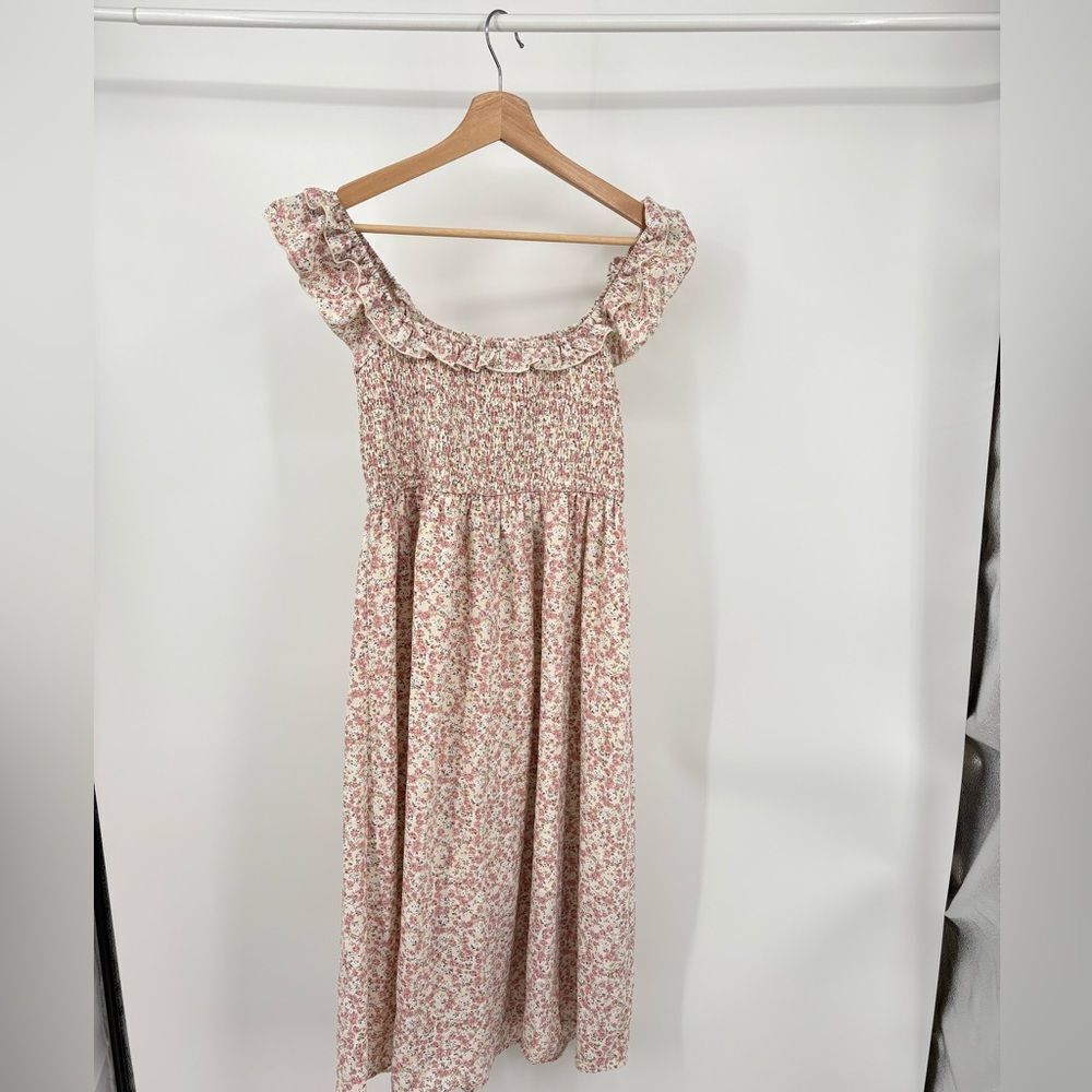 Womens Smocked Calf Midi Dress In Pink | large | cottagecore - Picture 5 of 6